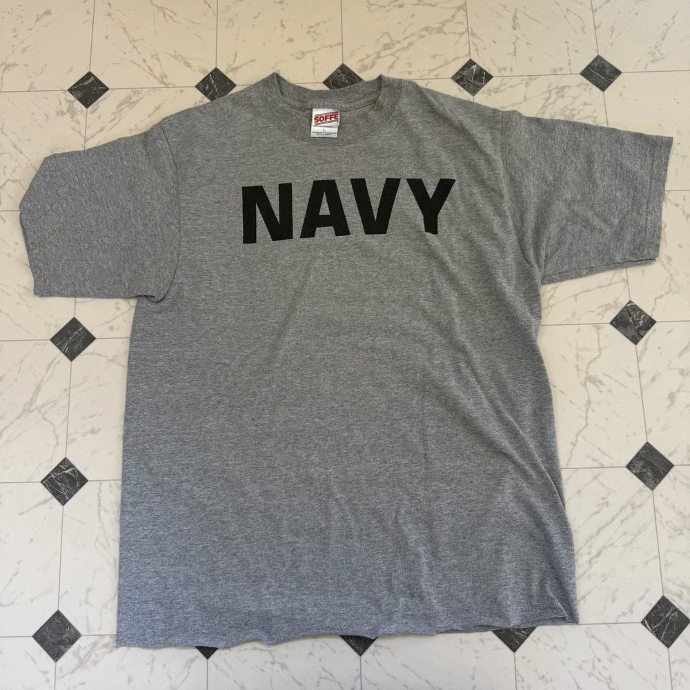 Vintage‎ Navy T-Shirt Large Gray Military Training Tee USA Made Style